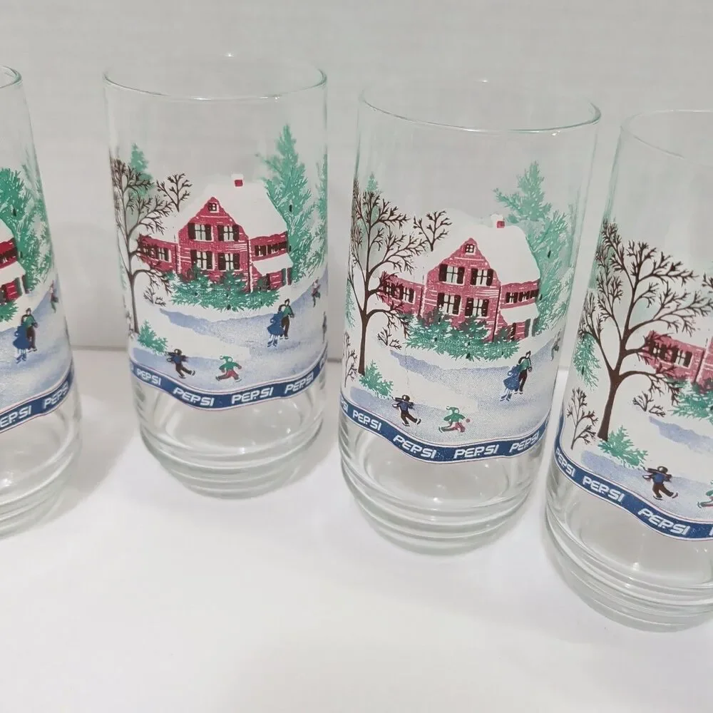 Vtg Pepsi Holiday 16oz Glasses Set of 6 Winter Cabin Snow Scene Retro